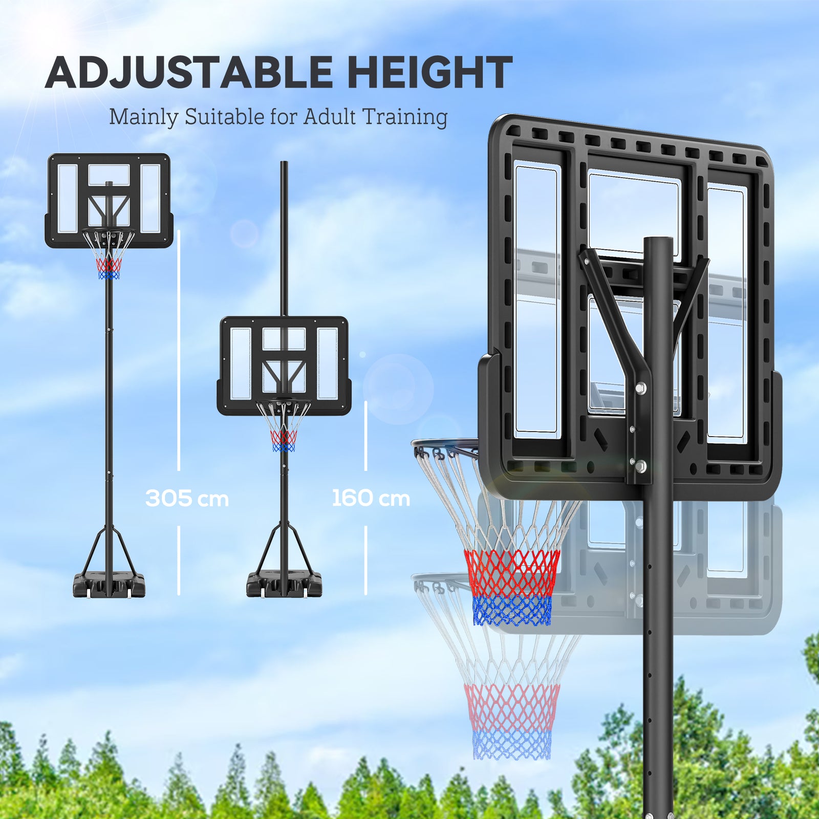 Basketball Hoop Stand 160-305Cm Adjustable Basketball Hoop W/ Moving Wheels